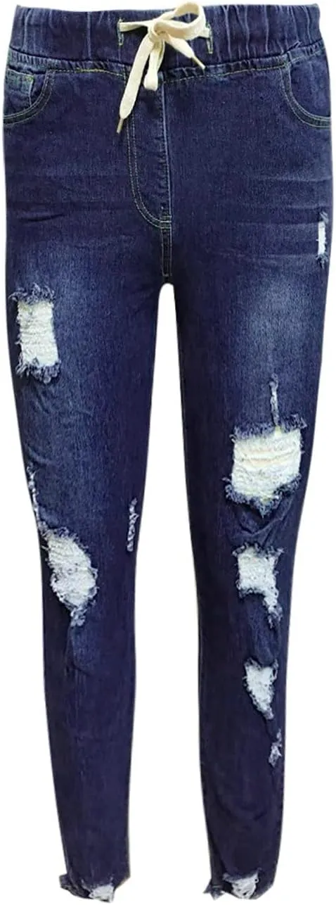 Womens Plus Size Slim Jeans Trendy Ripped Hole Hip Hop Y2K Denim Pants Stretchy High Waist Drawstring Casual Trousers