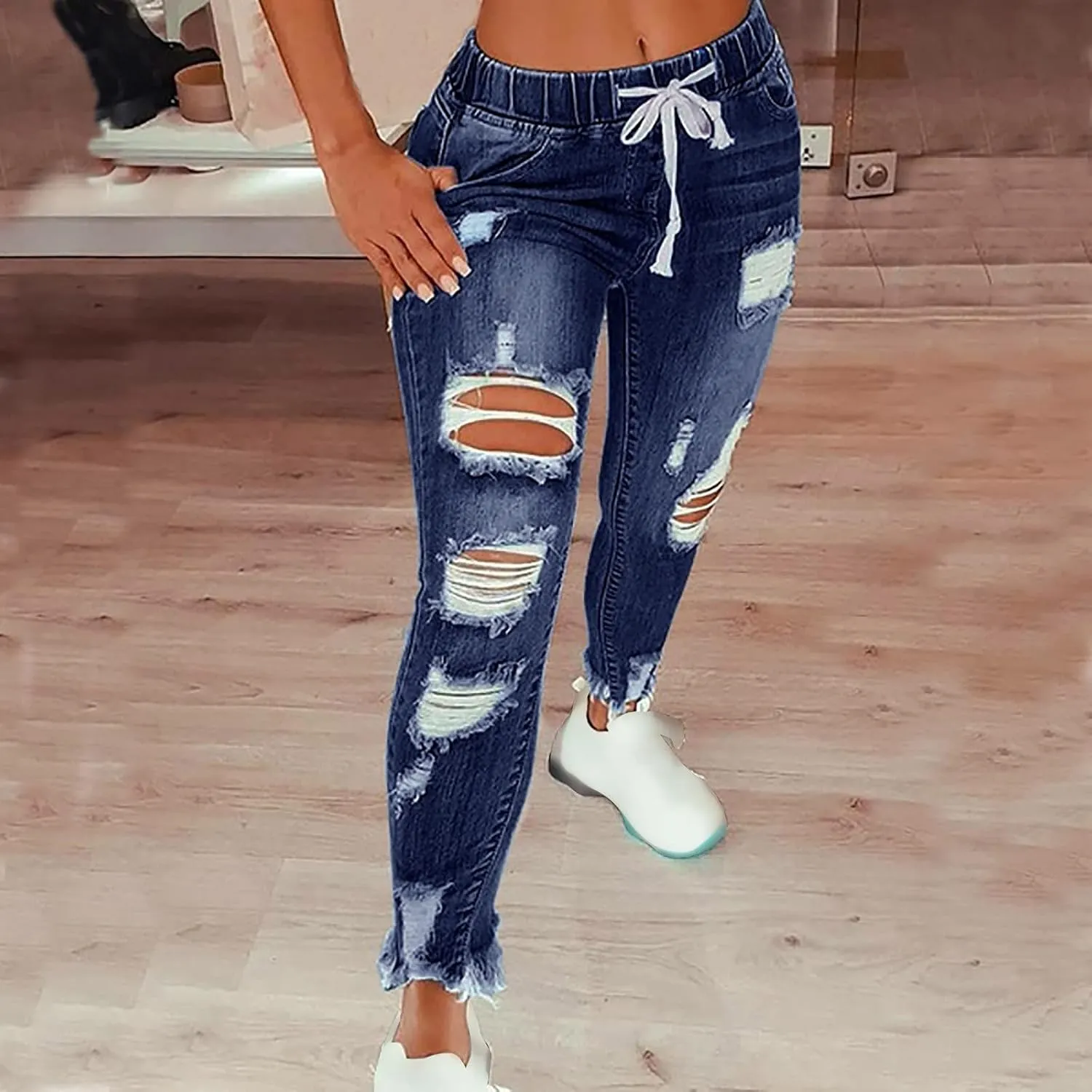 Womens Plus Size Slim Jeans Trendy Ripped Hole Hip Hop Y2K Denim Pants Stretchy High Waist Drawstring Casual Trousers