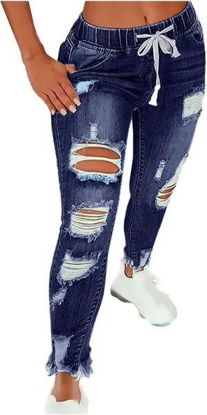 Womens Plus Size Slim Jeans Trendy Ripped Hole Hip Hop Y2K Denim Pants Stretchy High Waist Drawstring Casual Trousers