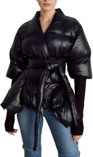 Women's Quilted Cotton Padded Coat V-Neck Ribbed Sleeve Tie Waist Winter Warm Fashion Irregular Hem Jacket