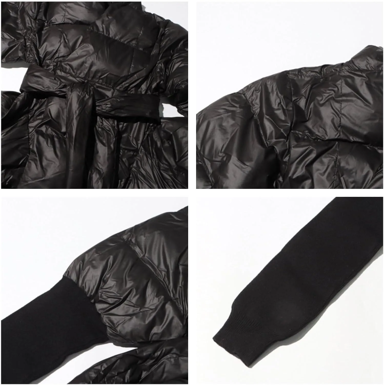 Women's Quilted Cotton Padded Coat V-Neck Ribbed Sleeve Tie Waist Winter Warm Fashion Irregular Hem Jacket