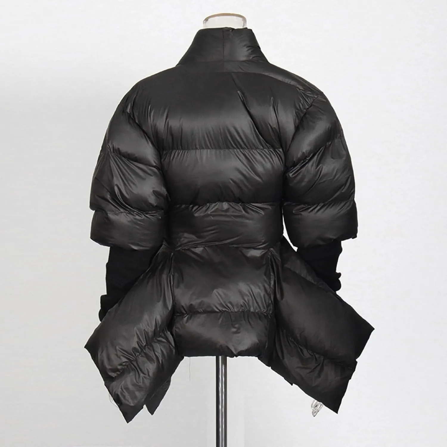 Women's Quilted Cotton Padded Coat V-Neck Ribbed Sleeve Tie Waist Winter Warm Fashion Irregular Hem Jacket