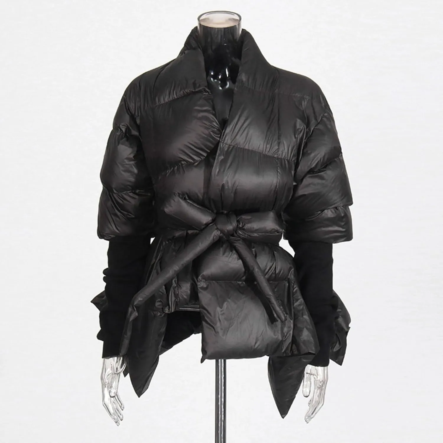 Women's Quilted Cotton Padded Coat V-Neck Ribbed Sleeve Tie Waist Winter Warm Fashion Irregular Hem Jacket