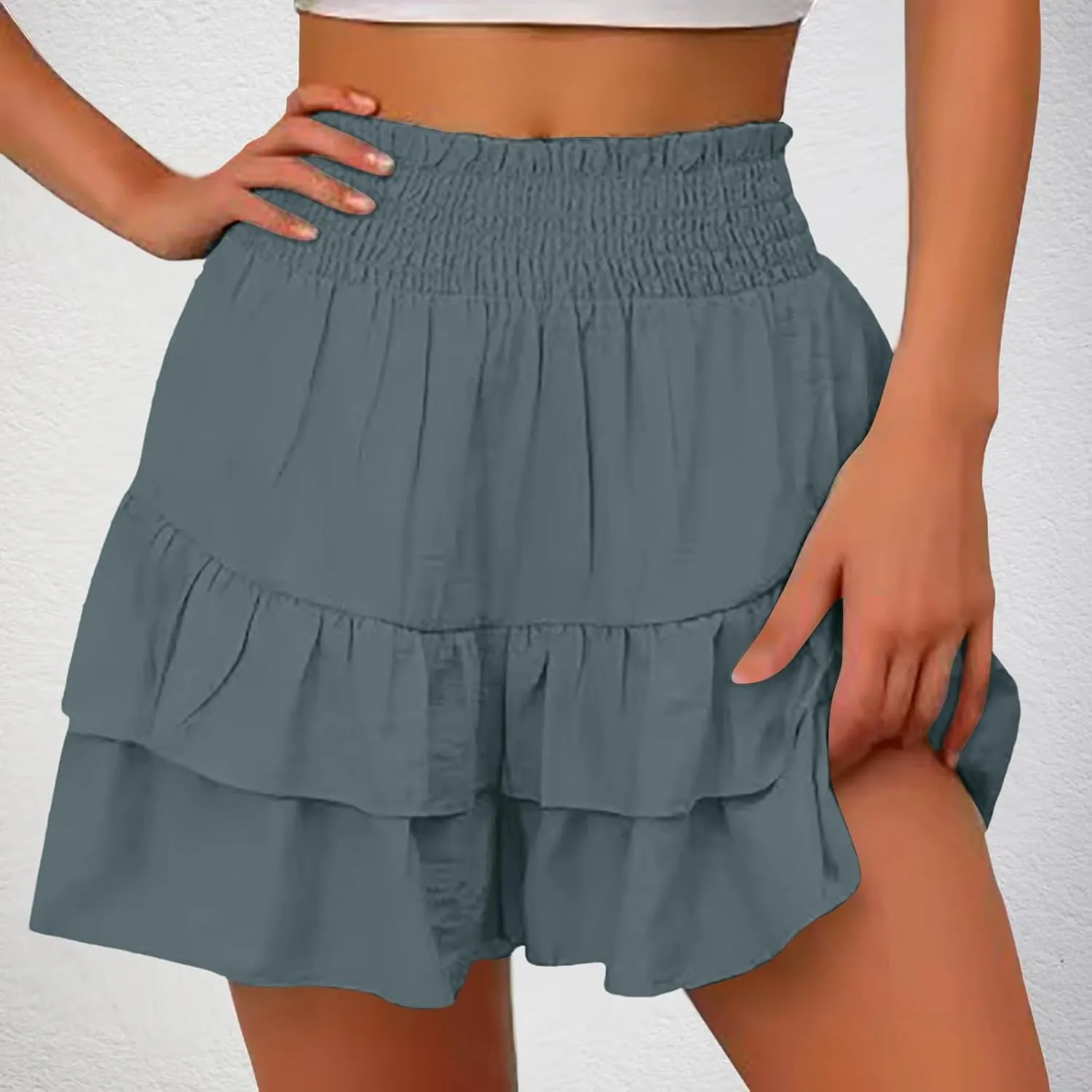 Women's Ruffle Tiered Skorts Trendy Elastic High Waist Wide Leg Baggy Skirt Shorts Clubwear Comfy Summer Beach Shorts