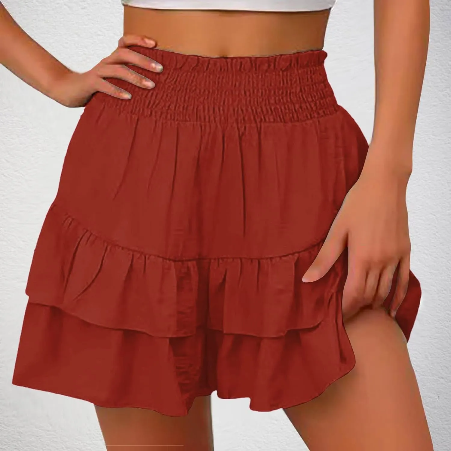 Women's Ruffle Tiered Skorts Trendy Elastic High Waist Wide Leg Baggy Skirt Shorts Clubwear Comfy Summer Beach Shorts
