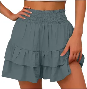 Women's Ruffle Tiered Skorts Trendy Elastic High Waist Wide Leg Baggy Skirt Shorts Clubwear Comfy Summer Beach Shorts