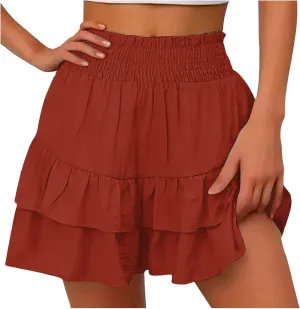 Women's Ruffle Tiered Skorts Trendy Elastic High Waist Wide Leg Baggy Skirt Shorts Clubwear Comfy Summer Beach Shorts
