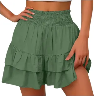 Women's Ruffle Tiered Skorts Trendy Elastic High Waist Wide Leg Baggy Skirt Shorts Clubwear Comfy Summer Beach Shorts