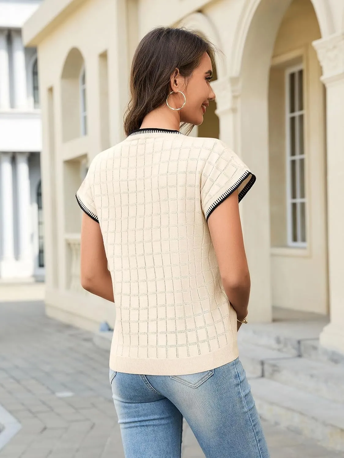 Womens Short Sleeve Sweater Crewneck Vest Tops Trendy Casual Crochet Sweaters for Women Spring Summer 2025