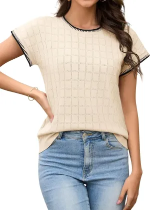 Womens Short Sleeve Sweater Crewneck Vest Tops Trendy Casual Crochet Sweaters for Women Spring Summer 2025