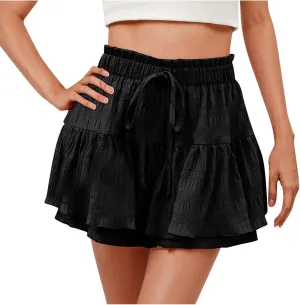 Womens Shorts Trendy Ruffle Hem Tiered Flowy Skorts High Waisted Drawstring Casual Summer Tennis Skirt Shorts 2025