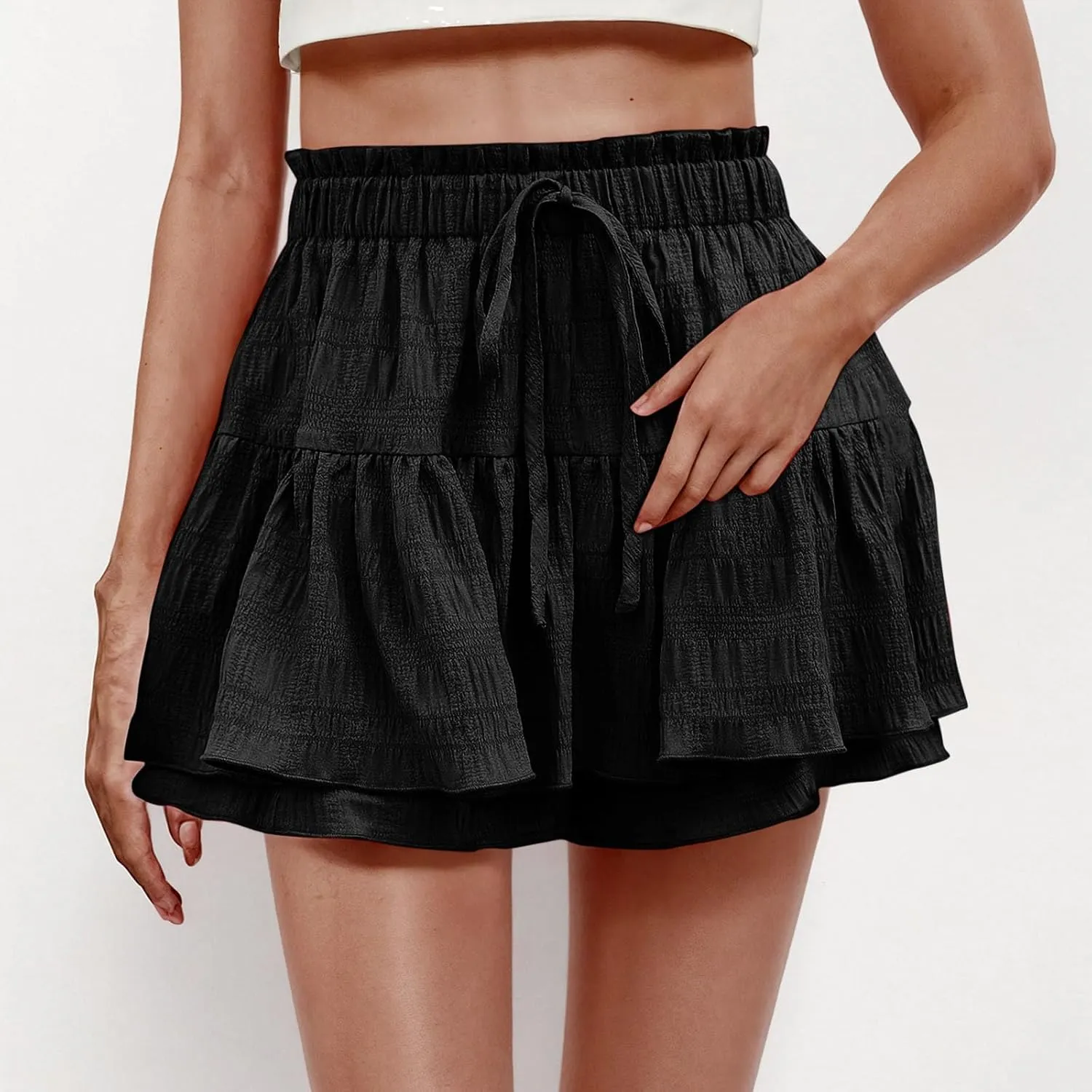 Womens Shorts Trendy Ruffle Hem Tiered Flowy Skorts High Waisted Drawstring Casual Summer Tennis Skirt Shorts 2025