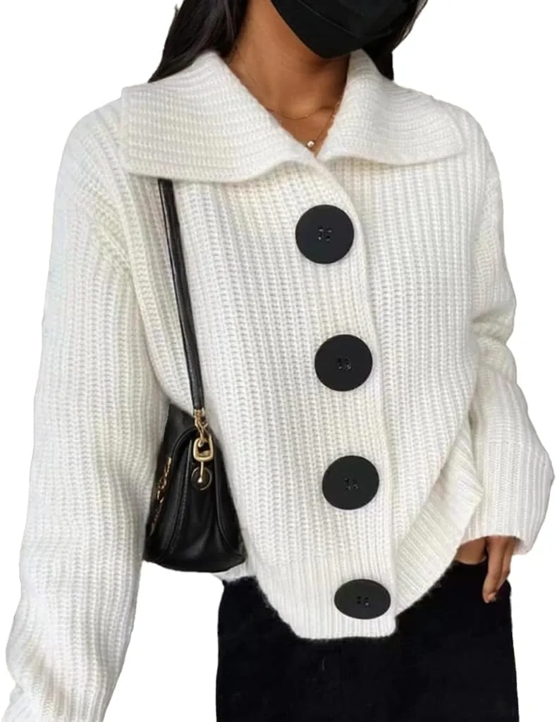 Women's Solid Lapel Cardigan Sweater Jacket Big Button Soft Long Sleeve Knit Sweater Light Coat Tops Outwear
