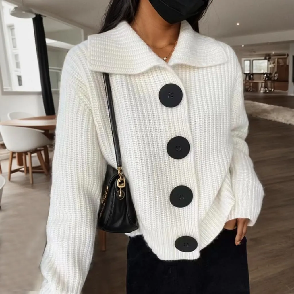 Women's Solid Lapel Cardigan Sweater Jacket Big Button Soft Long Sleeve Knit Sweater Light Coat Tops Outwear