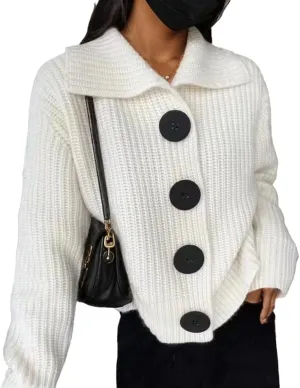 Women's Solid Lapel Cardigan Sweater Jacket Big Button Soft Long Sleeve Knit Sweater Light Coat Tops Outwear