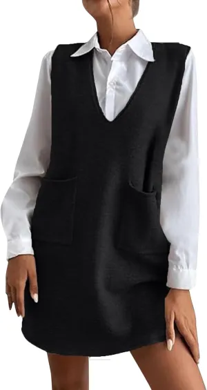 Womens Sweater Vest Dress Sleeveless V Neck Solid Color Wool Medium Sweater Dress Dual Pocket Straight Dresses