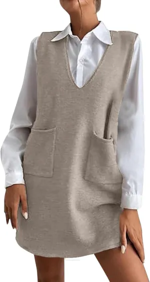 Womens Sweater Vest Dress Sleeveless V Neck Solid Color Wool Medium Sweater Dress Dual Pocket Straight Dresses