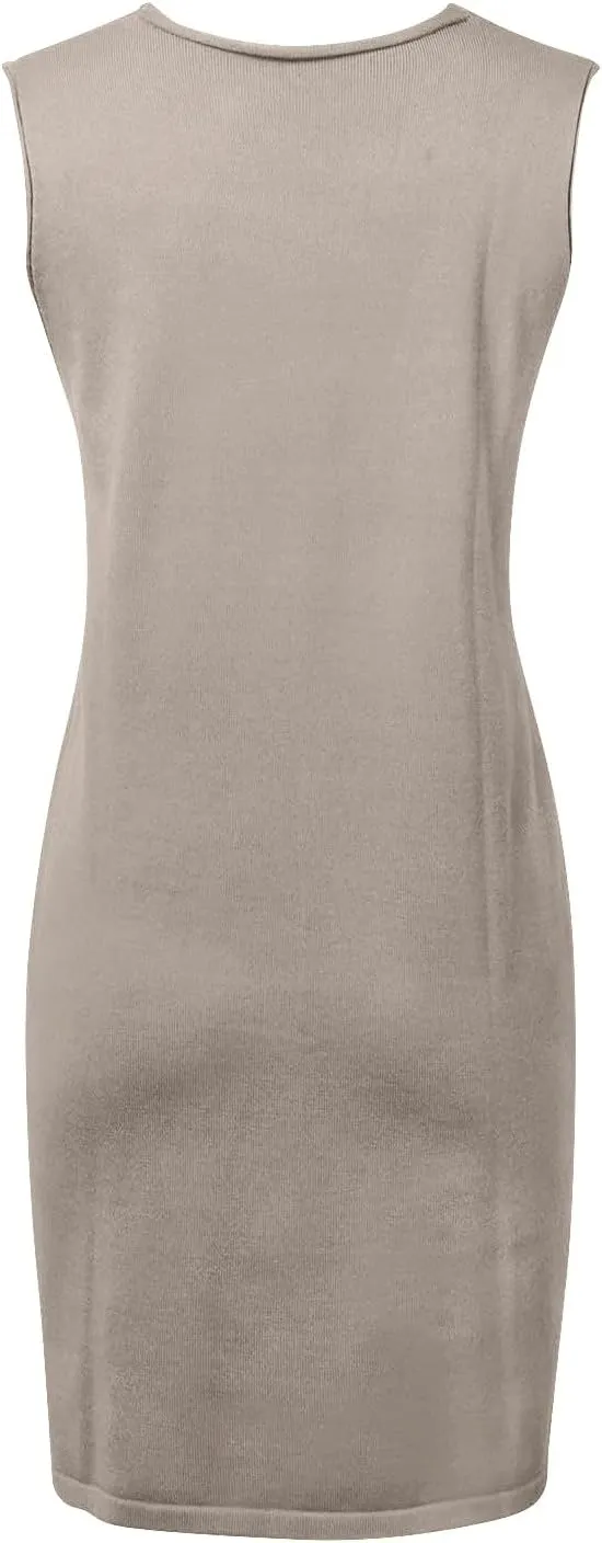 Womens Sweater Vest Dress Sleeveless V Neck Solid Color Wool Medium Sweater Dress Dual Pocket Straight Dresses