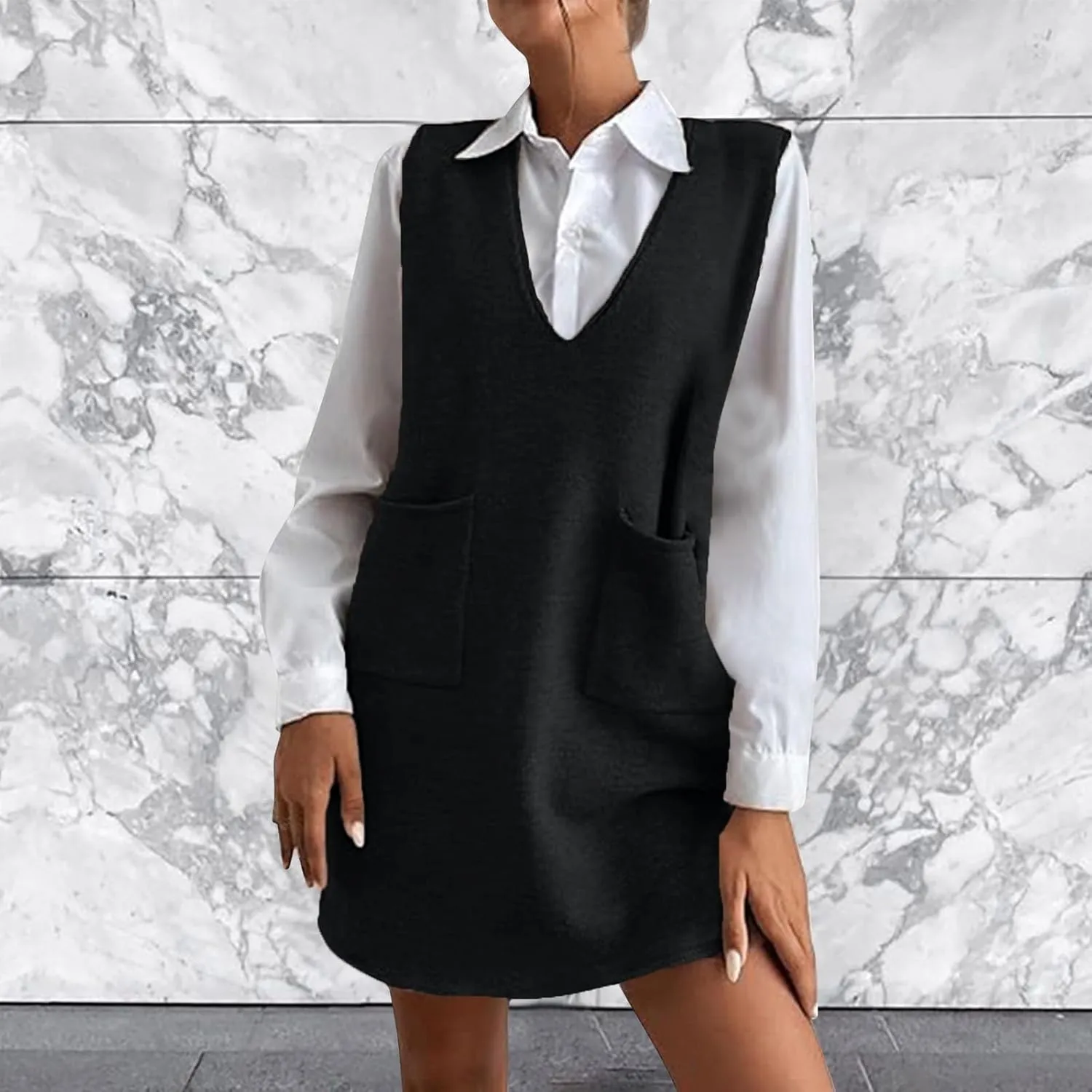 Womens Sweater Vest Dress Sleeveless V Neck Solid Color Wool Medium Sweater Dress Dual Pocket Straight Dresses