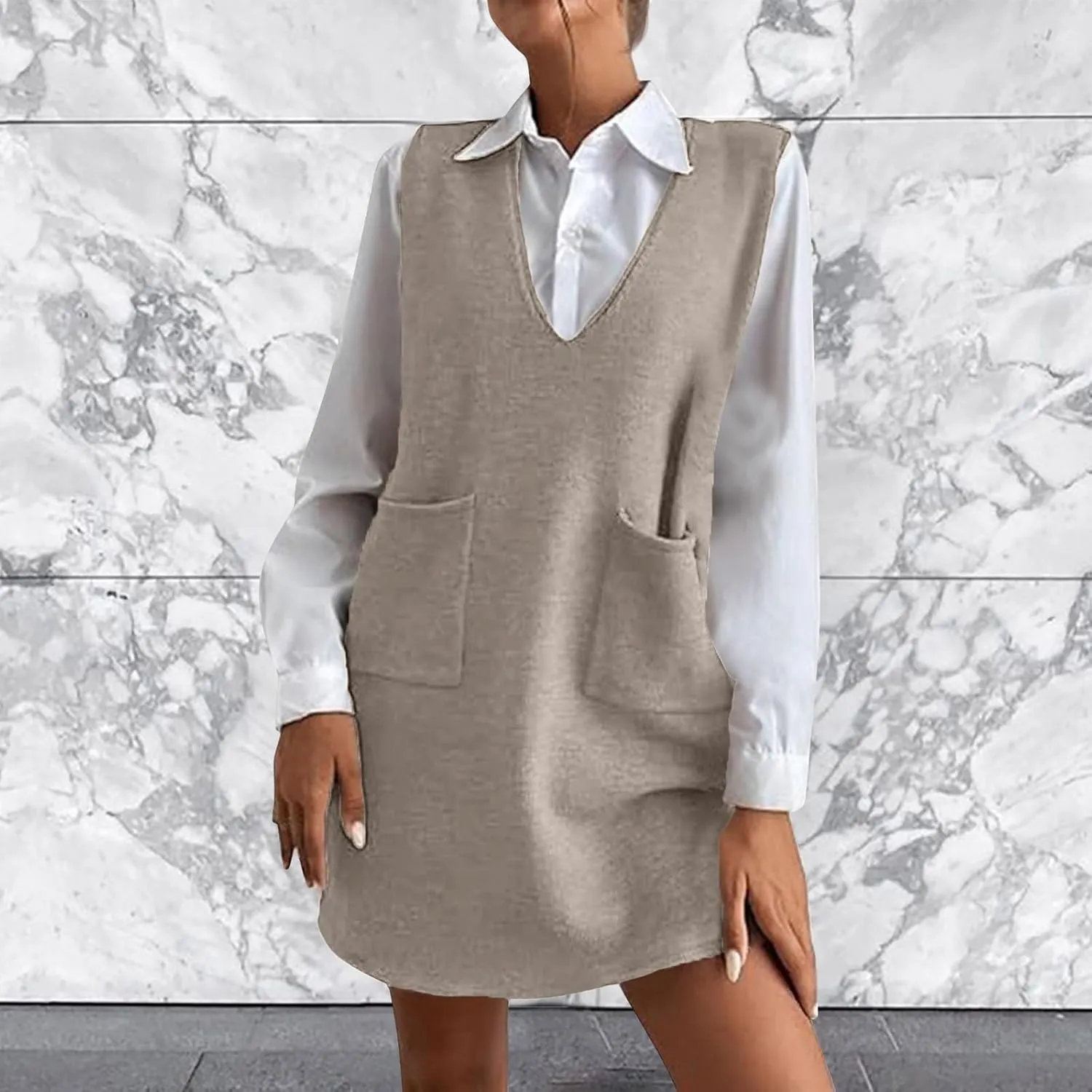 Womens Sweater Vest Dress Sleeveless V Neck Solid Color Wool Medium Sweater Dress Dual Pocket Straight Dresses