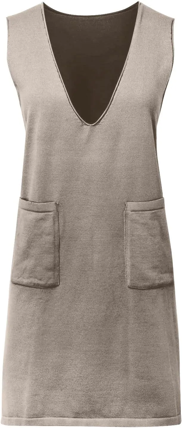 Womens Sweater Vest Dress Sleeveless V Neck Solid Color Wool Medium Sweater Dress Dual Pocket Straight Dresses