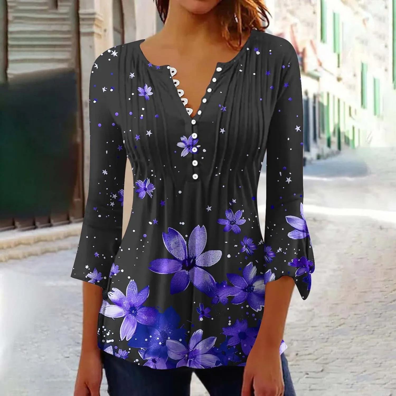 Women's Tunic Tops 2025 Fashion Boho Floral Print Daily Shirt Y2k 3/4 Bell Sleeve Button Down V Neck T Shirt Outfits