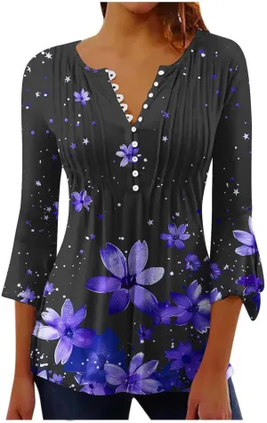 Women's Tunic Tops 2025 Fashion Boho Floral Print Daily Shirt Y2k 3/4 Bell Sleeve Button Down V Neck T Shirt Outfits