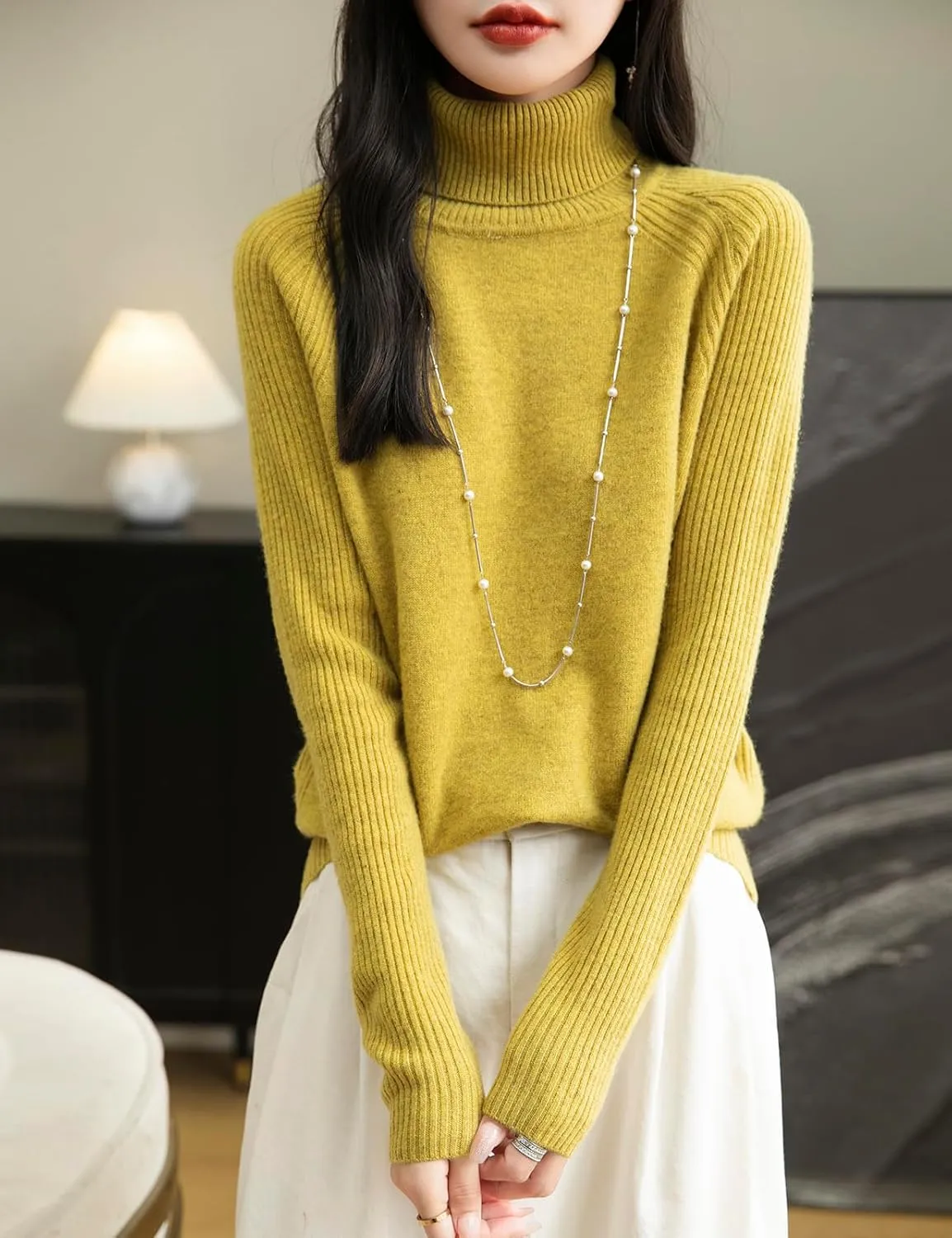 Women's Turtleneck 100% Merino Wool Sweater 2025 Fall Winter Classic Warm Soft Raglan Long Sleeve Knit Sweater