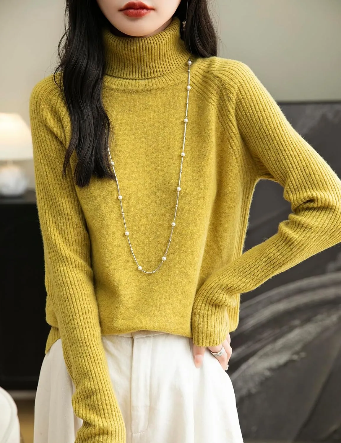 Women's Turtleneck 100% Merino Wool Sweater 2025 Fall Winter Classic Warm Soft Raglan Long Sleeve Knit Sweater