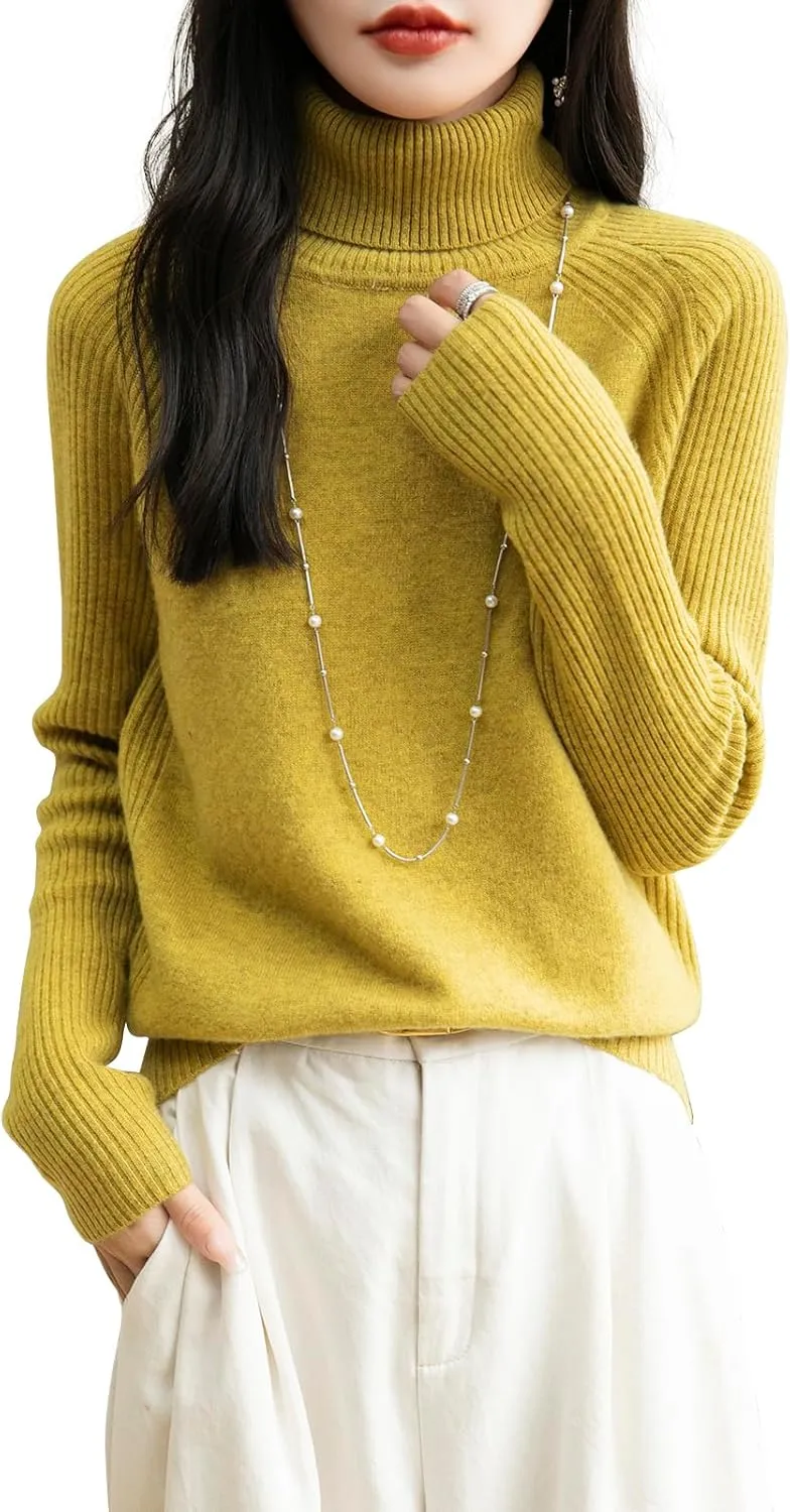 Women's Turtleneck 100% Merino Wool Sweater 2025 Fall Winter Classic Warm Soft Raglan Long Sleeve Knit Sweater