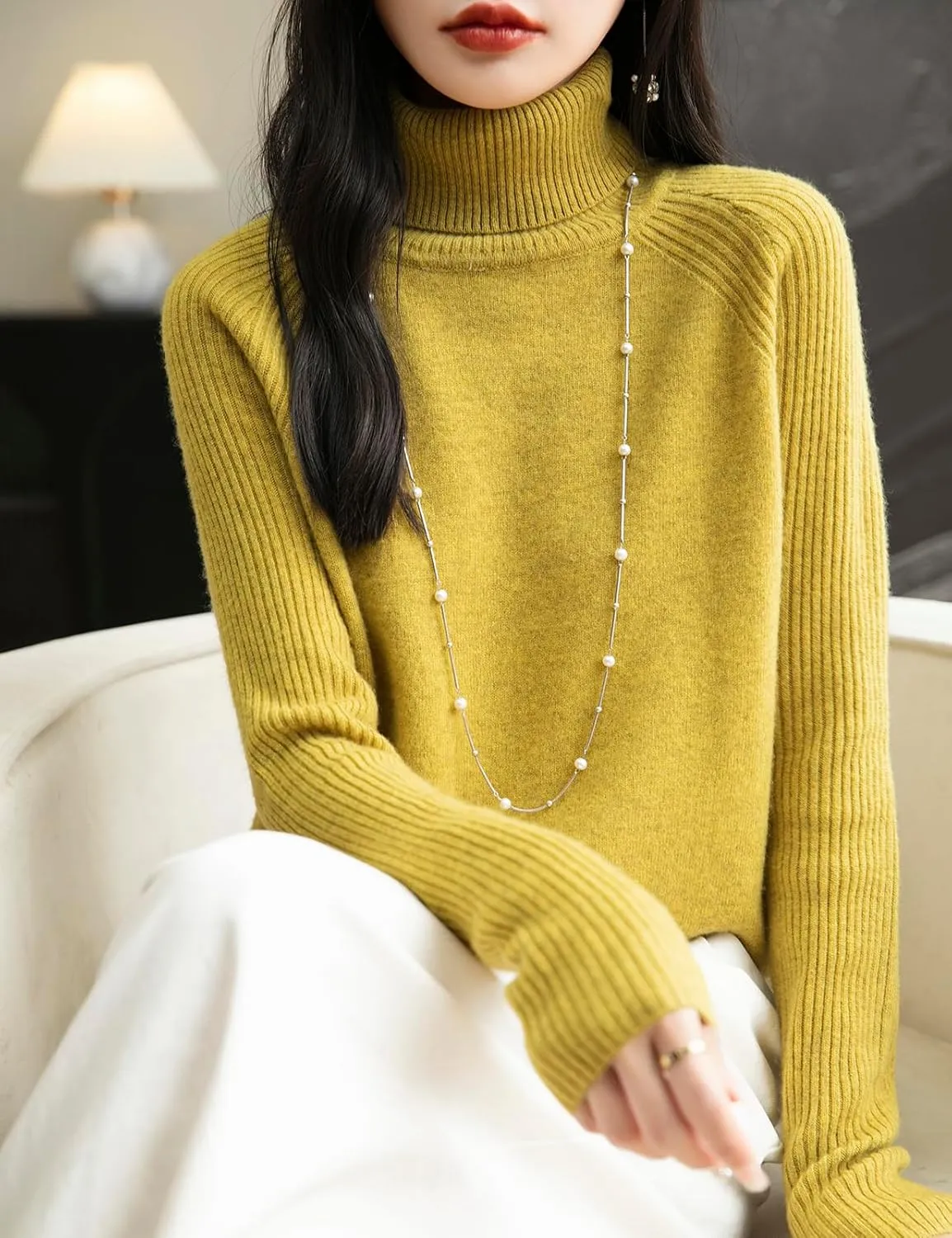 Women's Turtleneck 100% Merino Wool Sweater 2025 Fall Winter Classic Warm Soft Raglan Long Sleeve Knit Sweater
