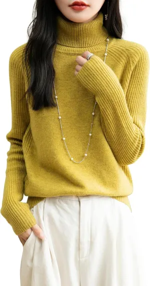 Women's Turtleneck 100% Merino Wool Sweater 2025 Fall Winter Classic Warm Soft Raglan Long Sleeve Knit Sweater