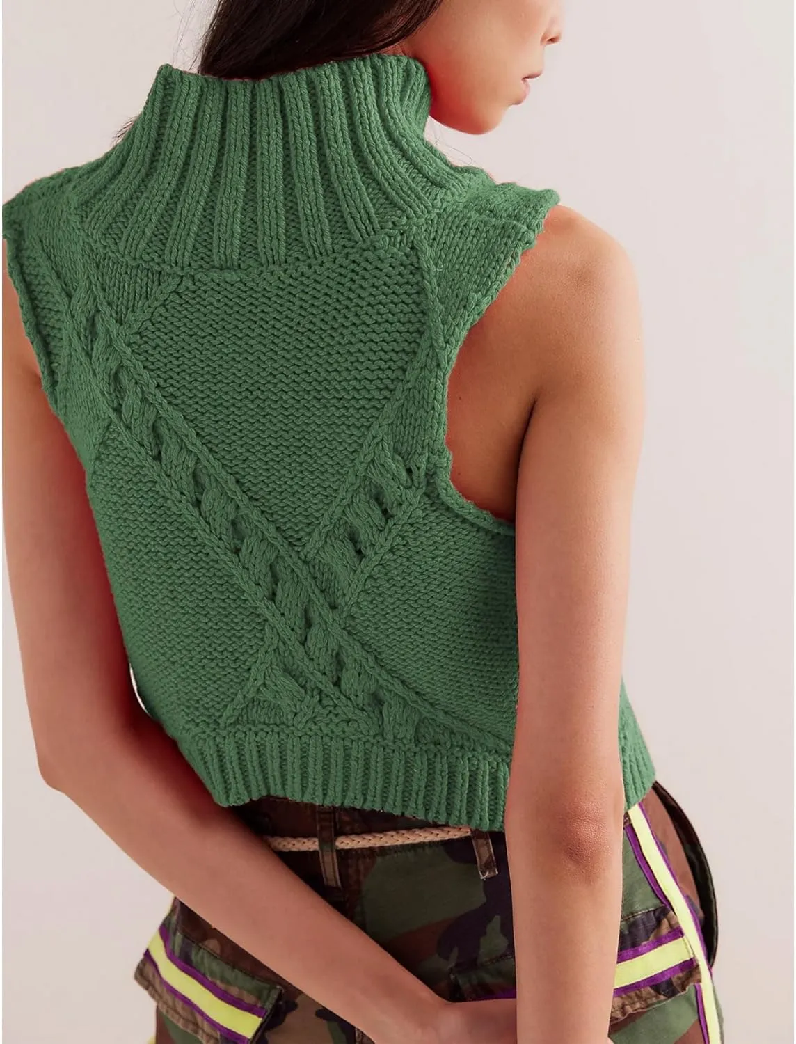 Womens Turtleneck Sweater Vest Crochet Cable Knit Sleeveless Vest Tops Casual Summer Boho Chunky Tank Pullover