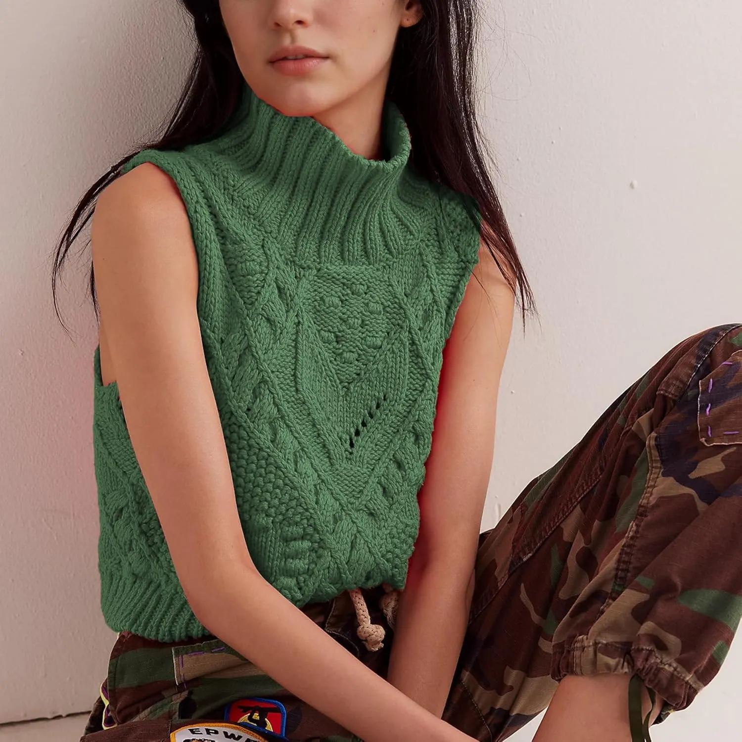 Womens Turtleneck Sweater Vest Crochet Cable Knit Sleeveless Vest Tops Casual Summer Boho Chunky Tank Pullover