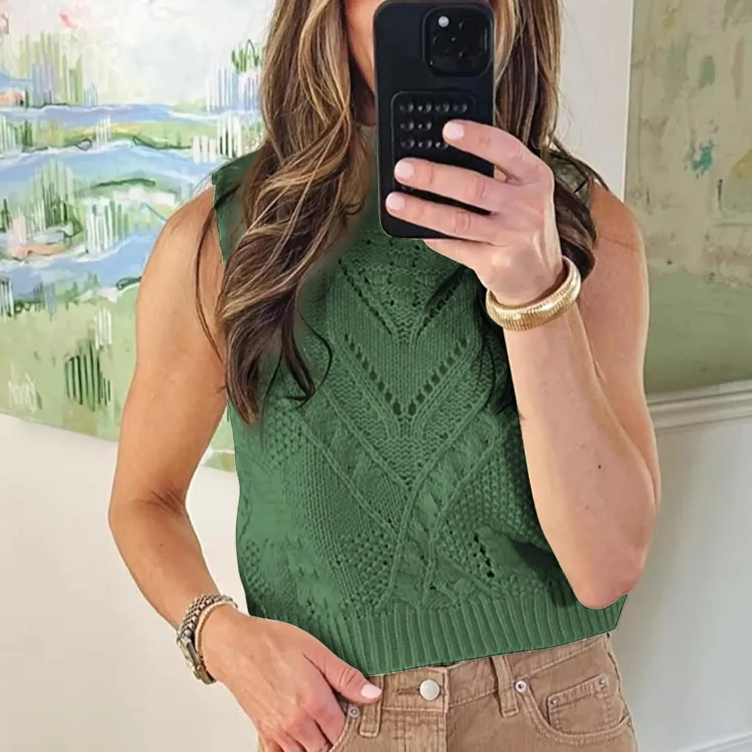 Womens Turtleneck Sweater Vest Crochet Cable Knit Sleeveless Vest Tops Casual Summer Boho Chunky Tank Pullover
