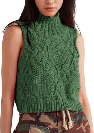 Womens Turtleneck Sweater Vest Crochet Cable Knit Sleeveless Vest Tops Casual Summer Boho Chunky Tank Pullover