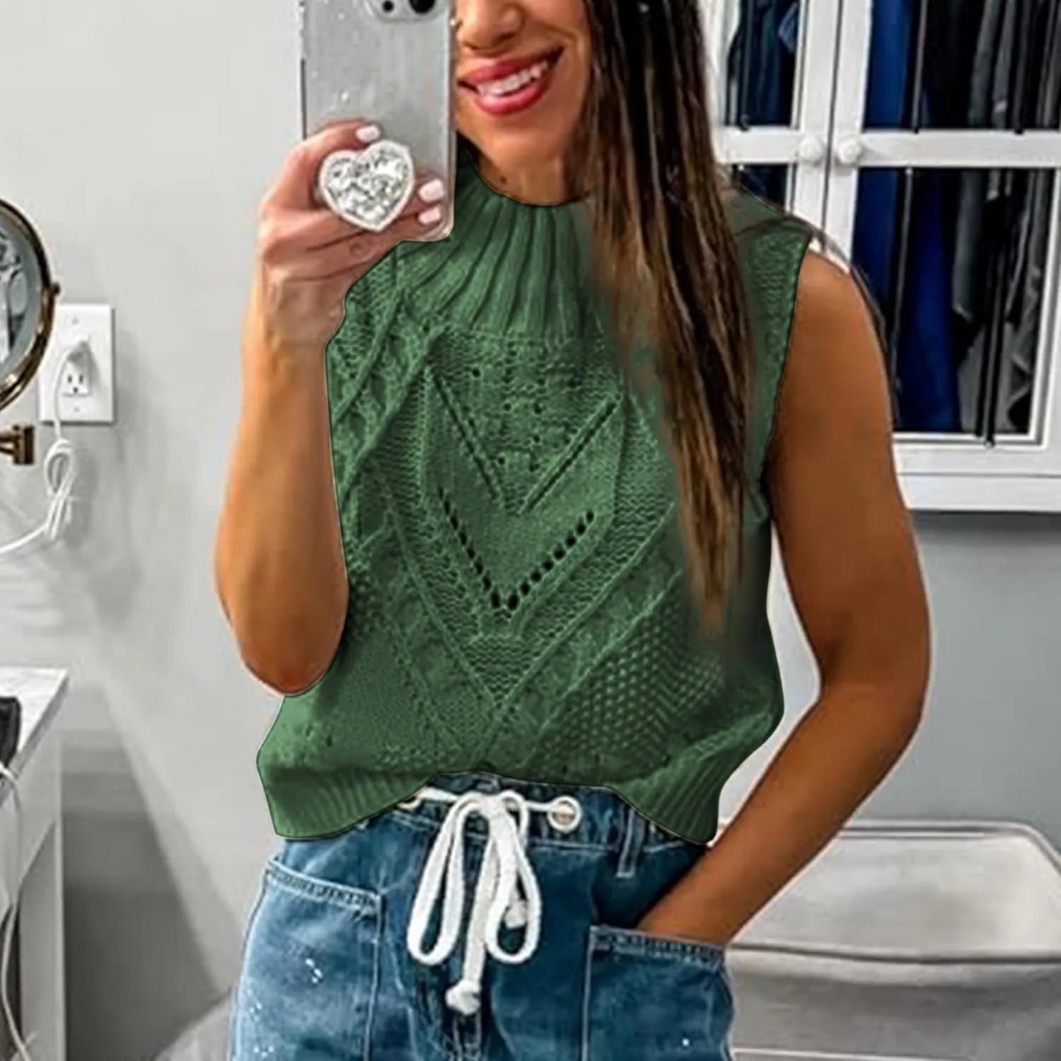 Womens Turtleneck Sweater Vest Crochet Cable Knit Sleeveless Vest Tops Casual Summer Boho Chunky Tank Pullover