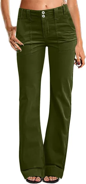 Womens Twill Wide Leg Pants Stretch Casual High Waisted Bootcut Chino Pants Baggy Flare Dress Pants with Pockets