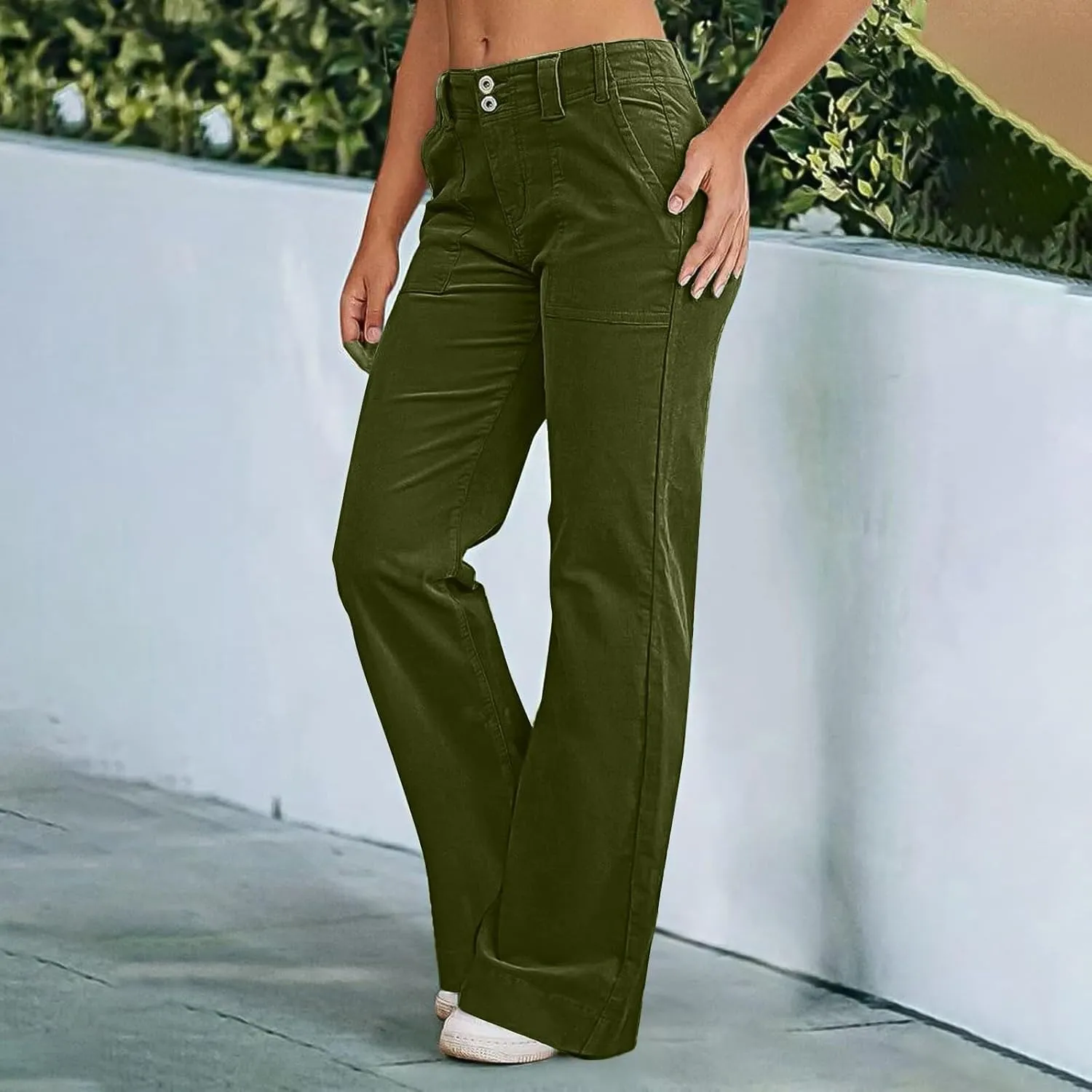 Womens Twill Wide Leg Pants Stretch Casual High Waisted Bootcut Chino Pants Baggy Flare Dress Pants with Pockets