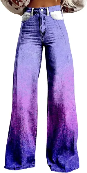 Womens Vintage Floral Print Y2K Pants Casual High Waisted Button Wide Leg Pants Retro Graphic Printed Plus Size Pants