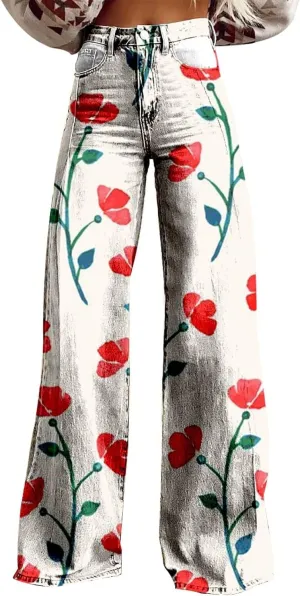 Womens Vintage Floral Print Y2K Pants Casual High Waisted Button Wide Leg Pants Retro Graphic Printed Plus Size Pants