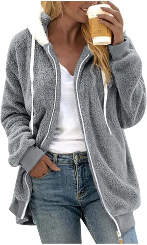 Womens Winter Coats Plus Size Full Zip Sherpa Jacket Baggy Drawstring Hooded Coat Comfy Soft Warm Jackets w/Pockets