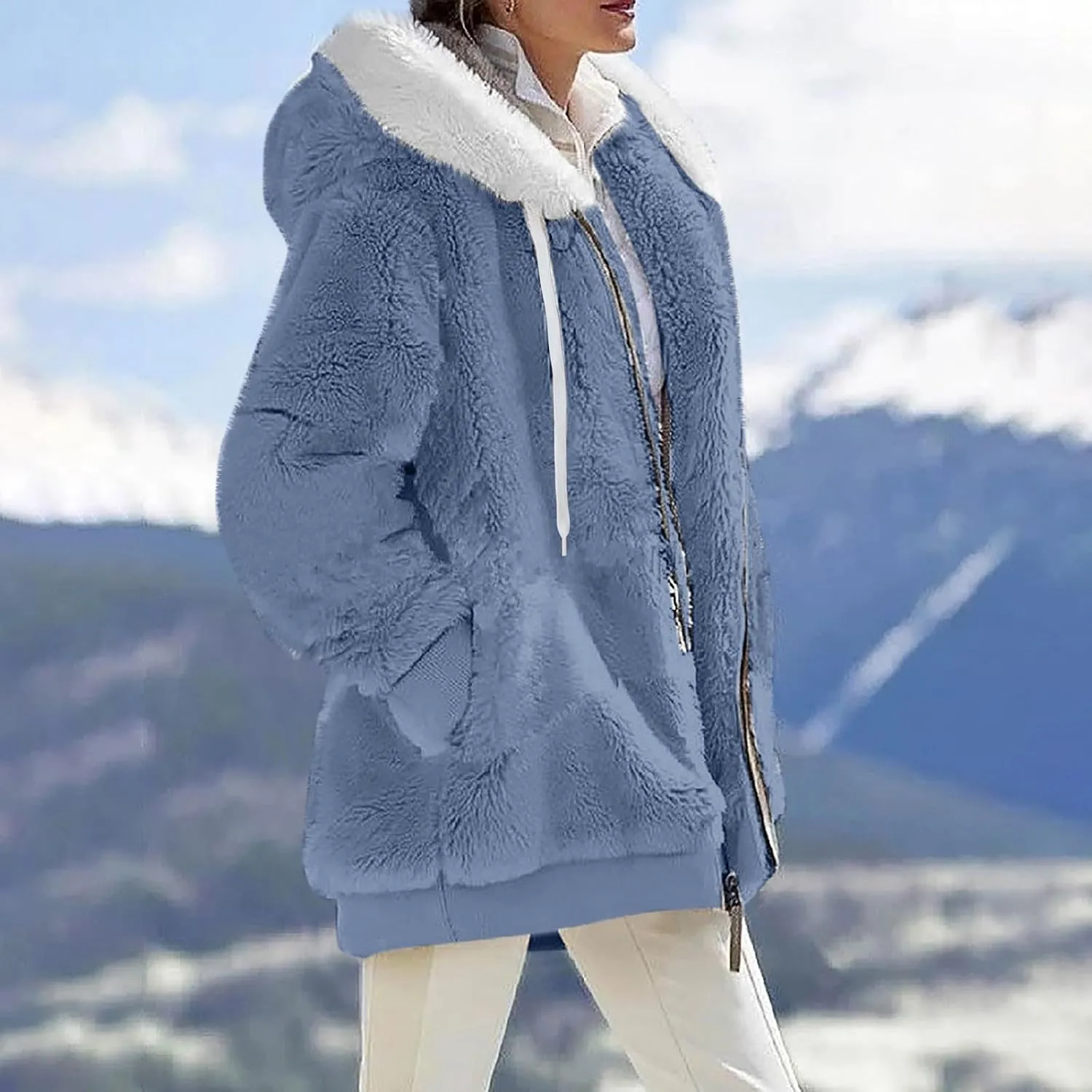 Womens Winter Coats Plus Size Full Zip Sherpa Jacket Baggy Drawstring Hooded Coat Comfy Soft Warm Jackets w/Pockets