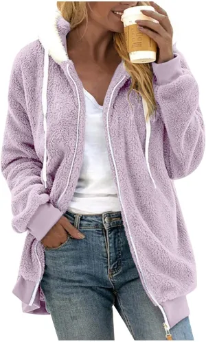 Womens Winter Coats Plus Size Full Zip Sherpa Jacket Baggy Drawstring Hooded Coat Comfy Soft Warm Jackets w/Pockets