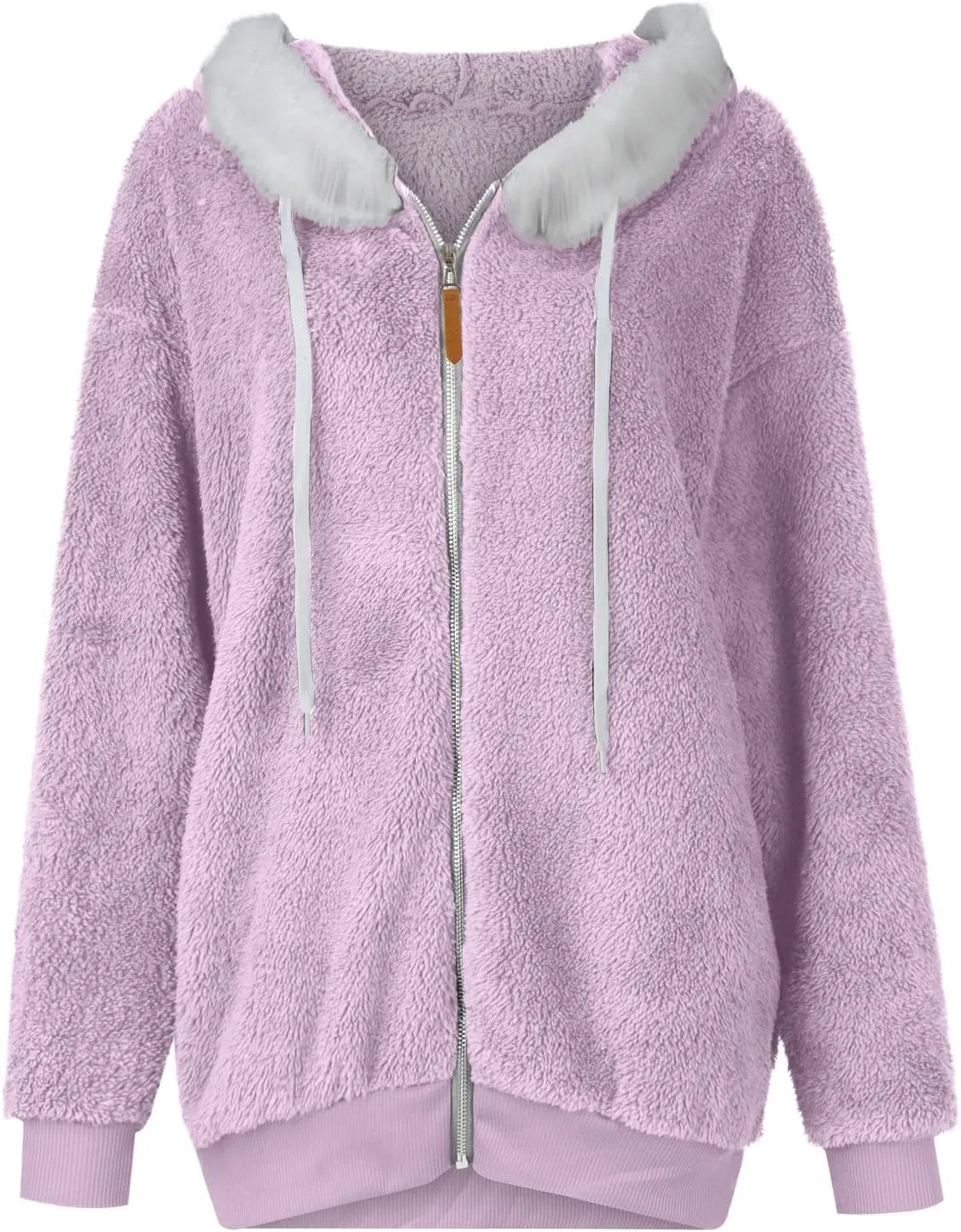 Womens Winter Coats Plus Size Full Zip Sherpa Jacket Baggy Drawstring Hooded Coat Comfy Soft Warm Jackets w/Pockets
