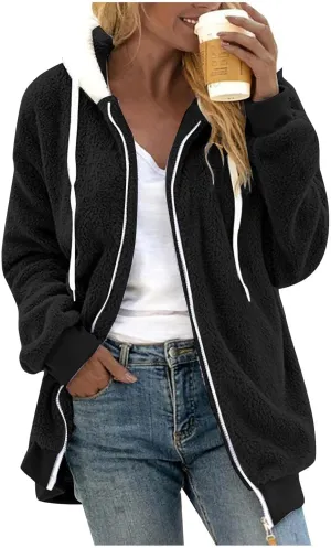 Womens Winter Coats Plus Size Full Zip Sherpa Jacket Baggy Drawstring Hooded Coat Comfy Soft Warm Jackets w/Pockets