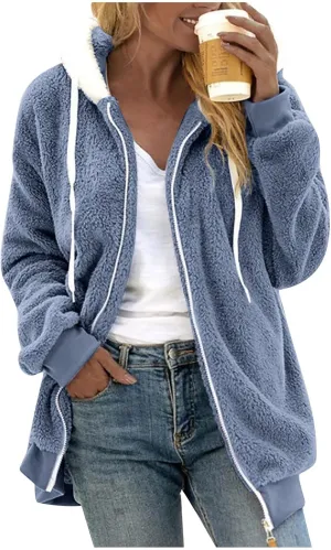 Womens Winter Coats Plus Size Full Zip Sherpa Jacket Baggy Drawstring Hooded Coat Comfy Soft Warm Jackets w/Pockets