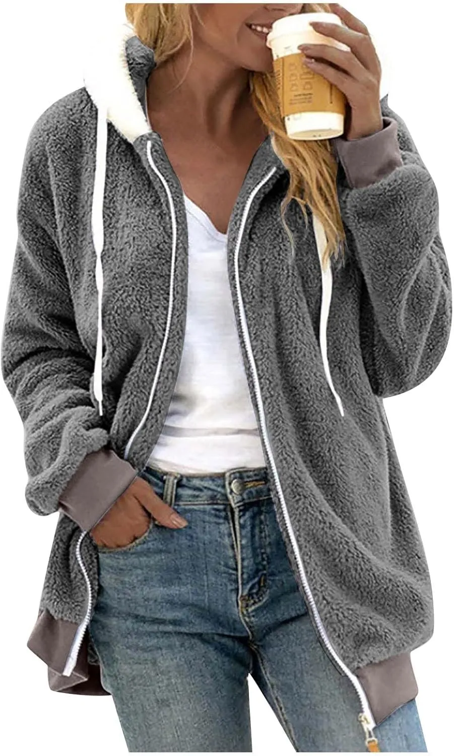 Womens Winter Coats Plus Size Full Zip Sherpa Jacket Baggy Drawstring Hooded Coat Comfy Soft Warm Jackets w/Pockets