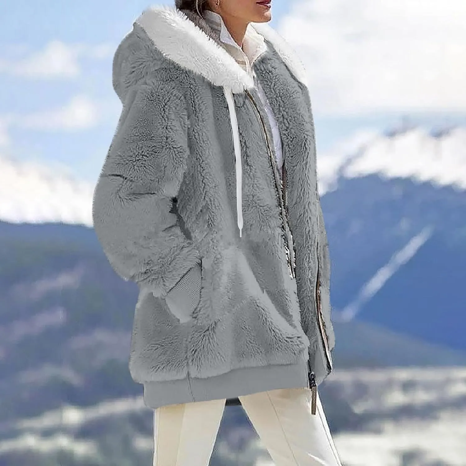 Womens Winter Coats Plus Size Full Zip Sherpa Jacket Baggy Drawstring Hooded Coat Comfy Soft Warm Jackets w/Pockets