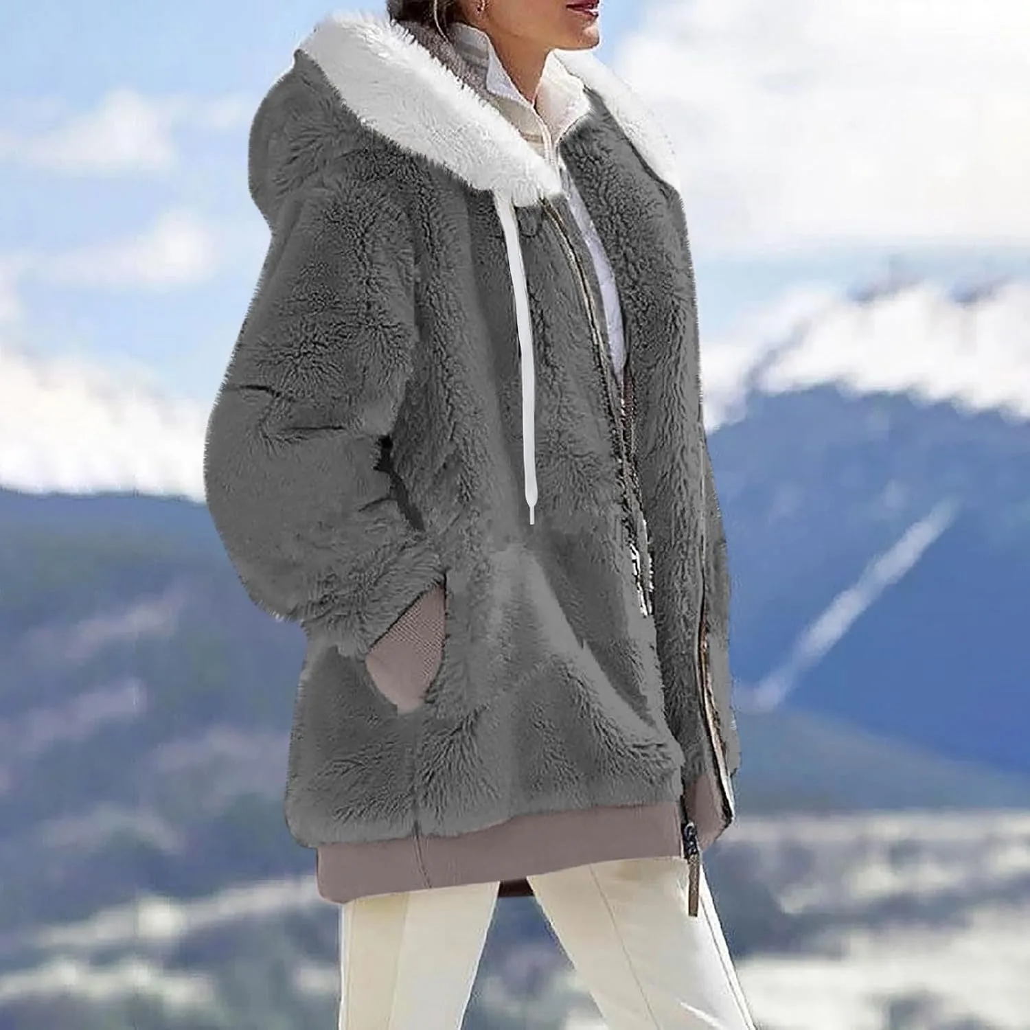 Womens Winter Coats Plus Size Full Zip Sherpa Jacket Baggy Drawstring Hooded Coat Comfy Soft Warm Jackets w/Pockets